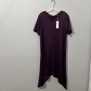 EILEEN FISHER Dress Shift Satin Handkerchief Hem Purple Raisin Size Medium Slip